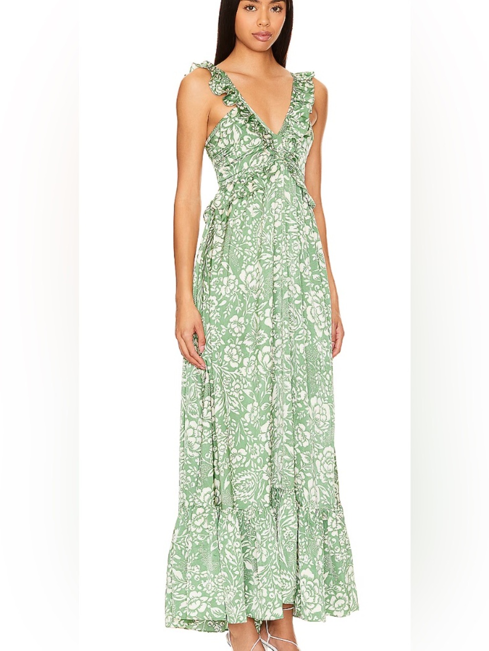 Heartloom Sage Green Floral Ruffle V-Neck Maxi Dress